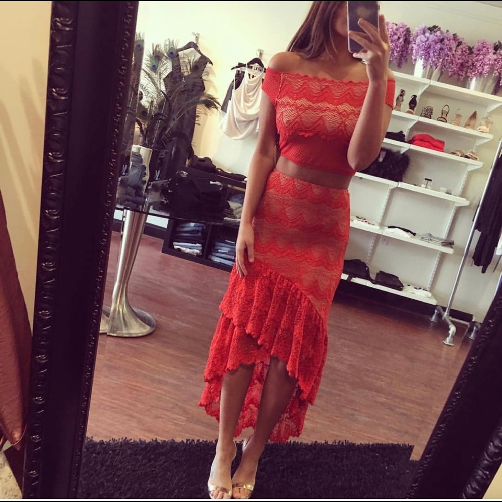 Nightcap Coral-Red Lace High-Low Ruffle Crochet Top and Maxi Skirt Set